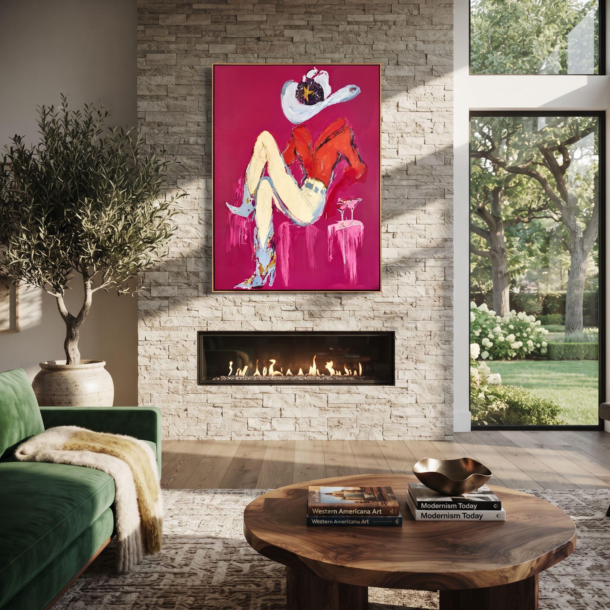 Scarlet Shirt Hides Stars - reclining cowgirl portrait painting by Ethan Mercer, contemporary Western vertical wall art – styled room scene view 2