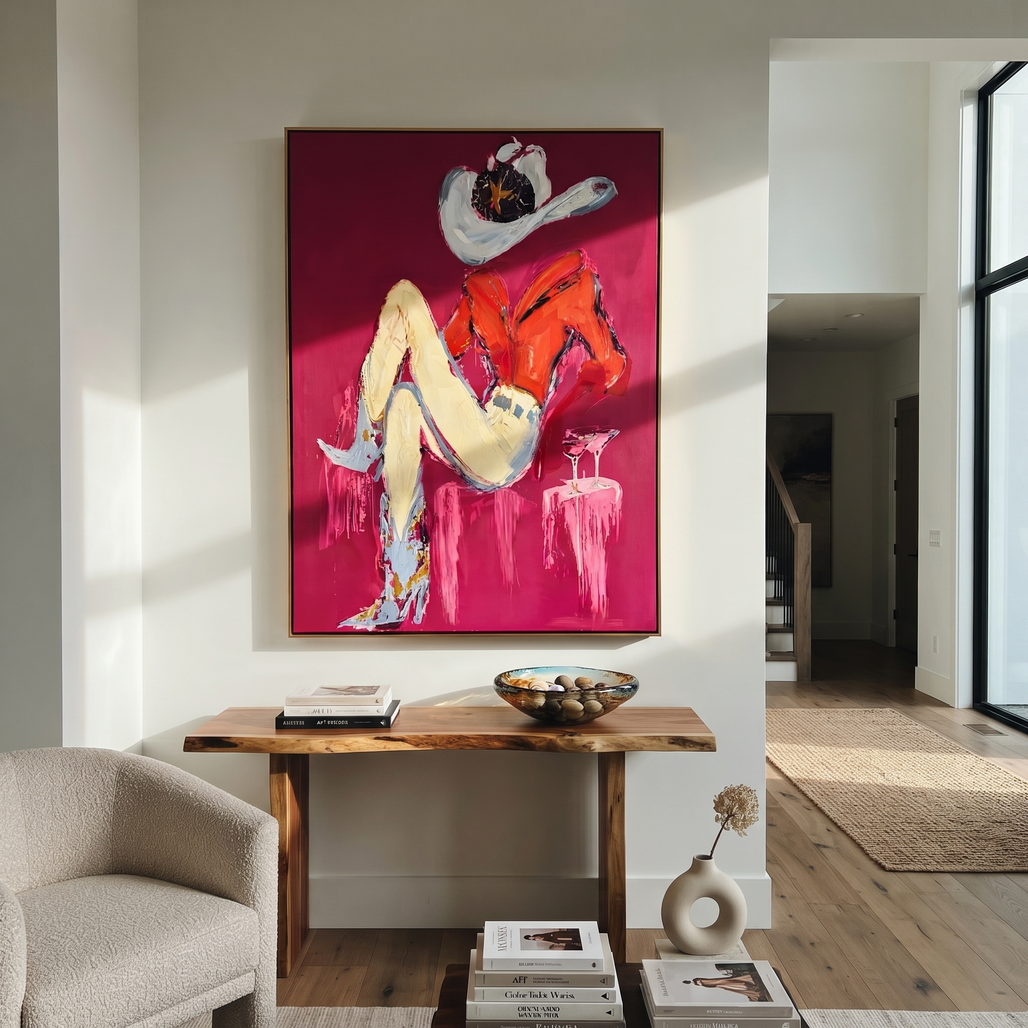 Scarlet Shirt Hides Stars - reclining cowgirl portrait painting by Ethan Mercer, contemporary Western vertical wall art – styled room scene view 3