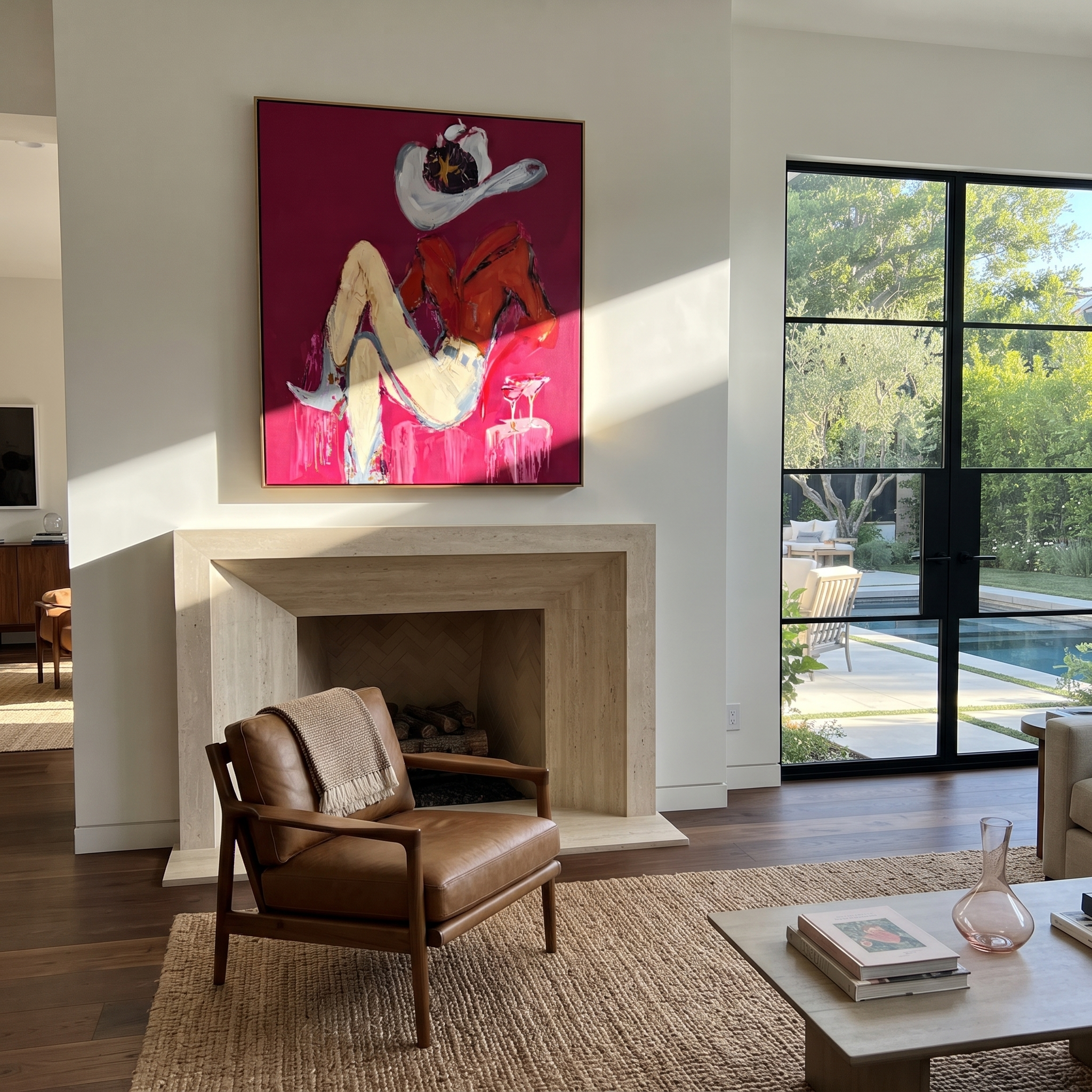 Scarlet Shirt Hides Stars - reclining cowgirl portrait painting by Ethan Mercer, contemporary Western vertical wall art – styled room scene view 4
