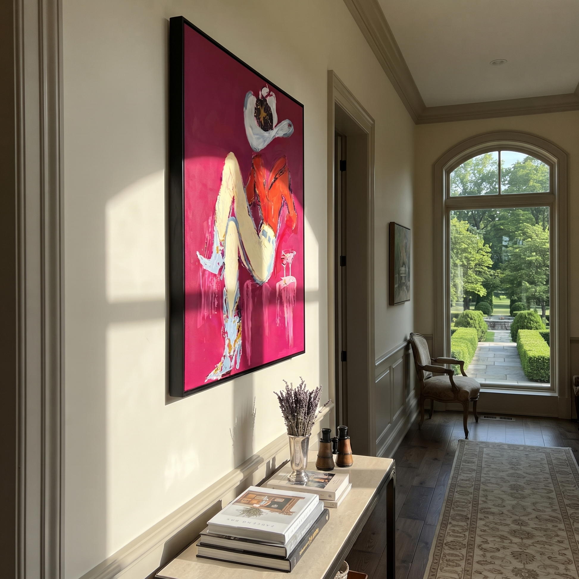 Scarlet Shirt Hides Stars - reclining cowgirl portrait painting by Ethan Mercer, contemporary Western vertical wall art – styled room scene view 5