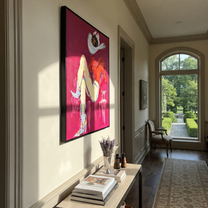Scarlet Shirt Hides Stars - reclining cowgirl portrait painting by Ethan Mercer, contemporary Western vertical wall art – styled room scene view 5