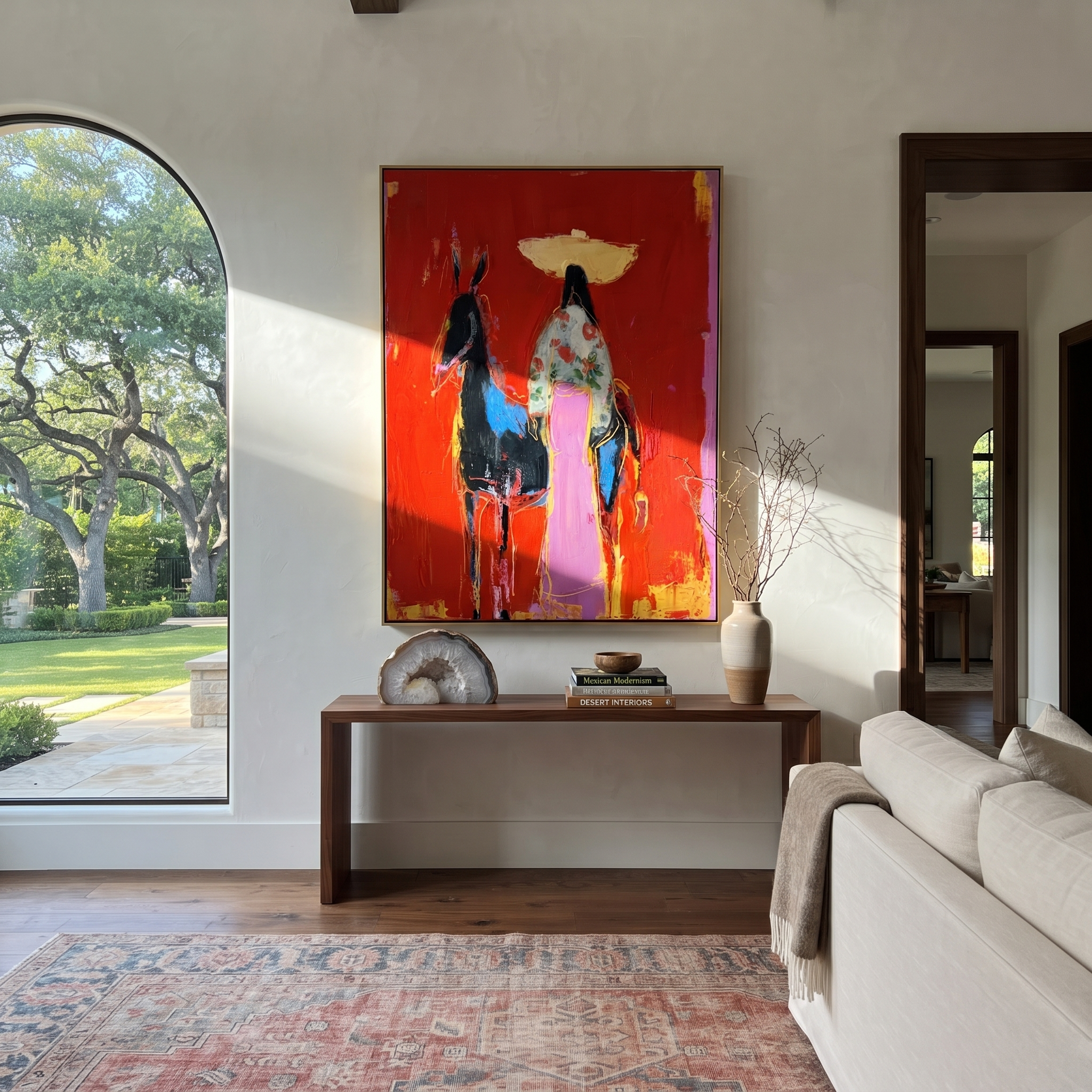 Floral Coat Meets Shadow - cowgirl and dark horse painting by Ethan Mercer, contemporary Western vertical wall art – styled room scene view 1