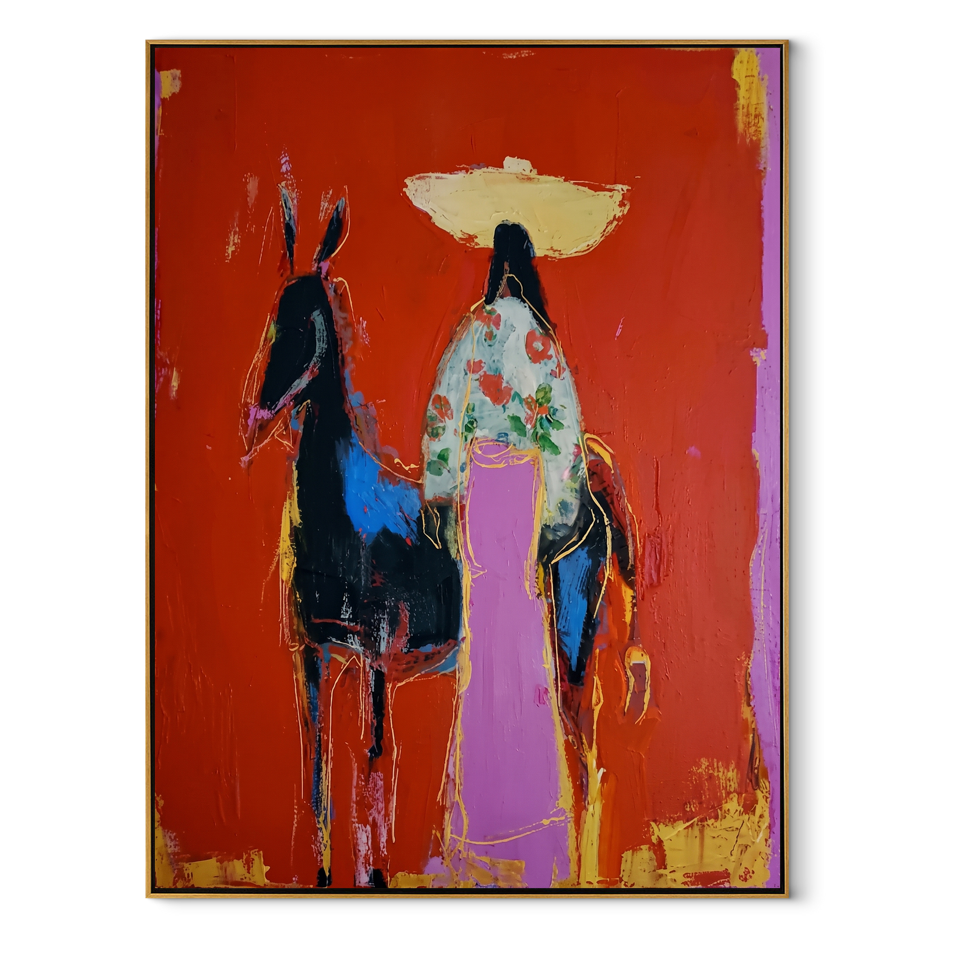 Floral Coat Meets Shadow - cowgirl and dark horse painting by Ethan Mercer, contemporary Western vertical wall art – wood frame on white background