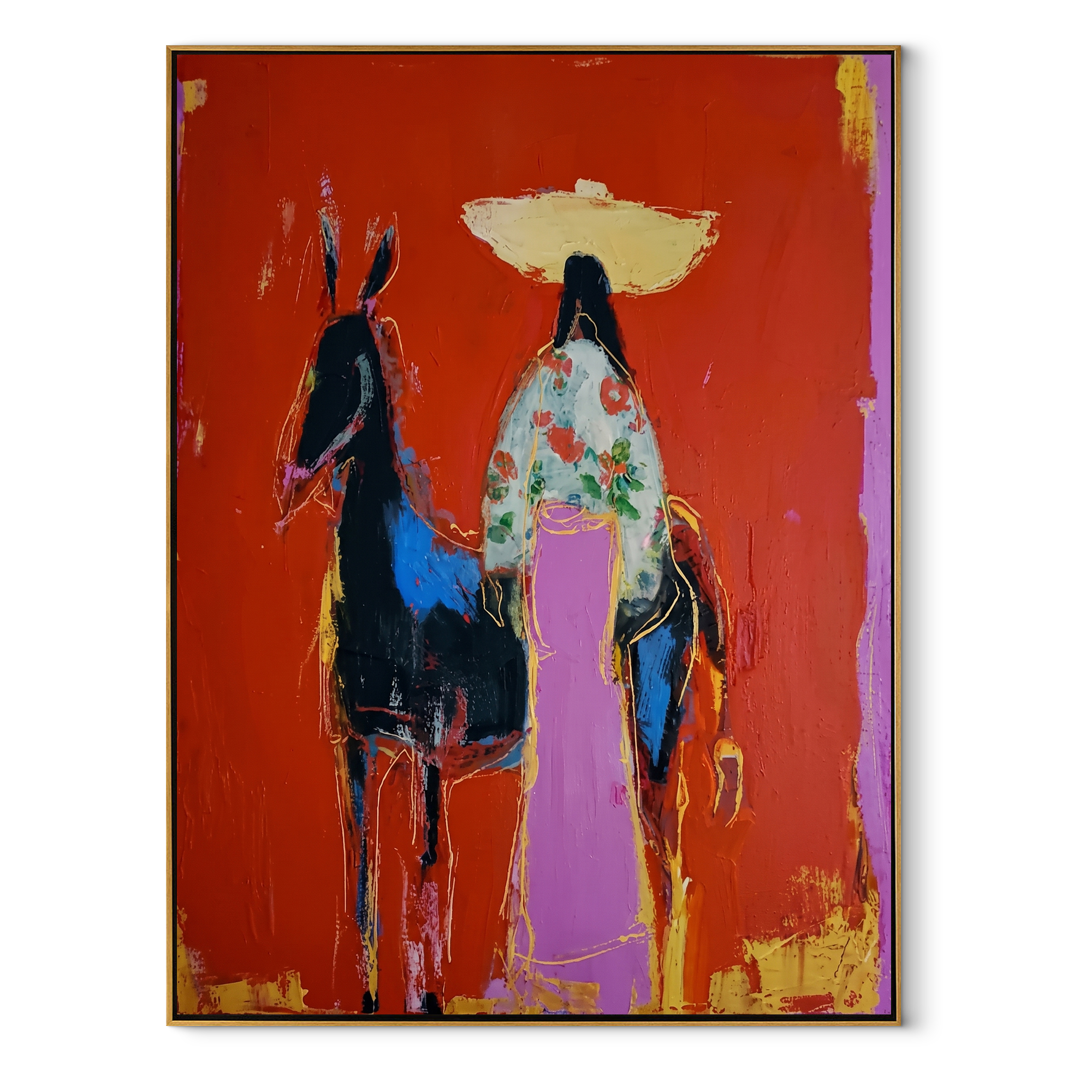 Floral Coat Meets Shadow - cowgirl and dark horse painting by Ethan Mercer, contemporary Western vertical wall art – wood frame on white background