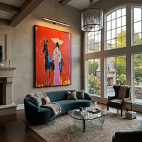 Floral Coat Meets Shadow - cowgirl and dark horse painting by Ethan Mercer, contemporary Western vertical wall art – styled room scene view 2