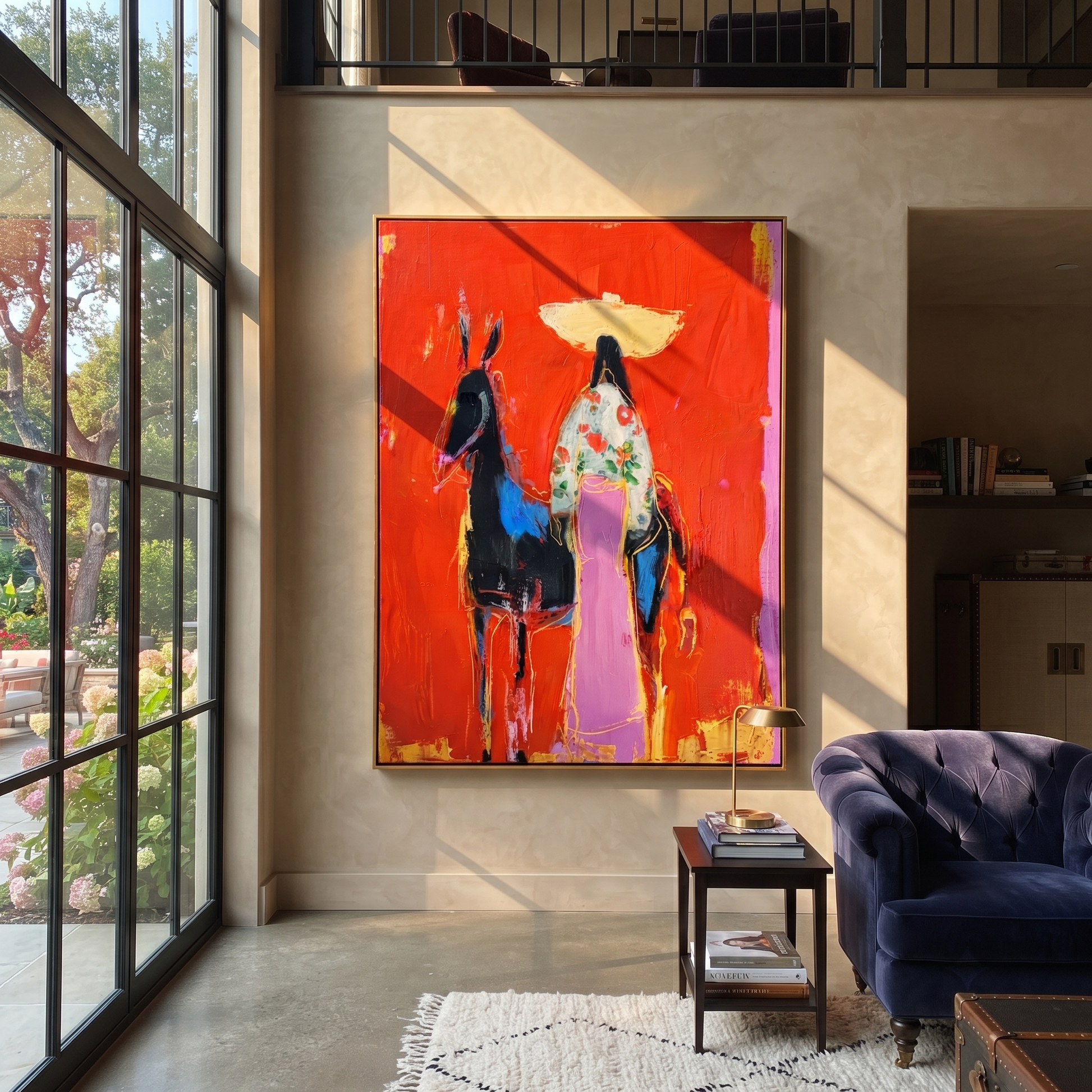 Floral Coat Meets Shadow - cowgirl and dark horse painting by Ethan Mercer, contemporary Western vertical wall art – styled room scene view 3