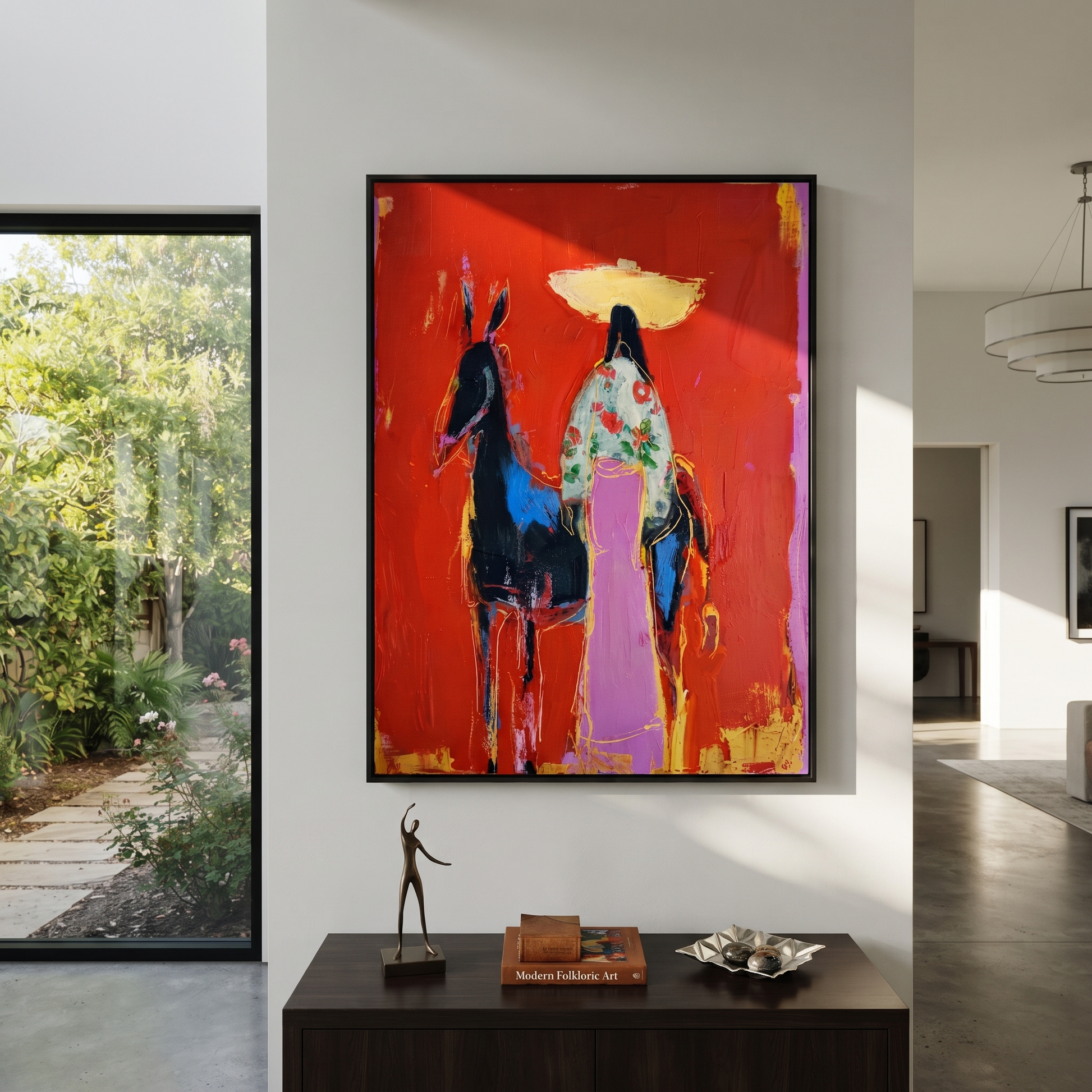 Floral Coat Meets Shadow - cowgirl and dark horse painting by Ethan Mercer, contemporary Western vertical wall art – styled room scene view 4