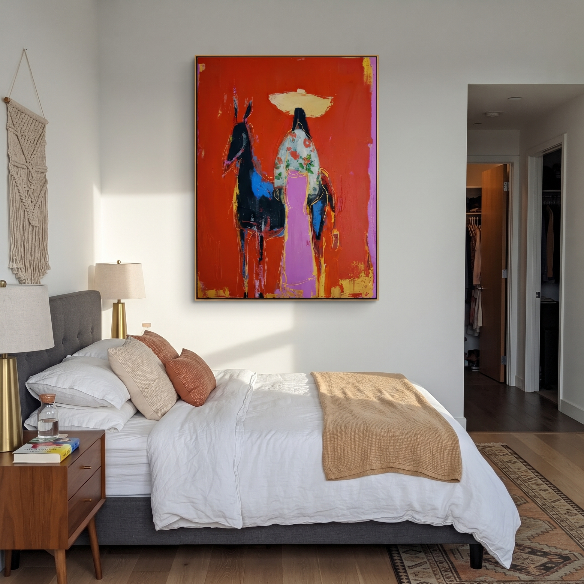 Floral Coat Meets Shadow - cowgirl and dark horse painting by Ethan Mercer, contemporary Western vertical wall art – styled room scene view 5
