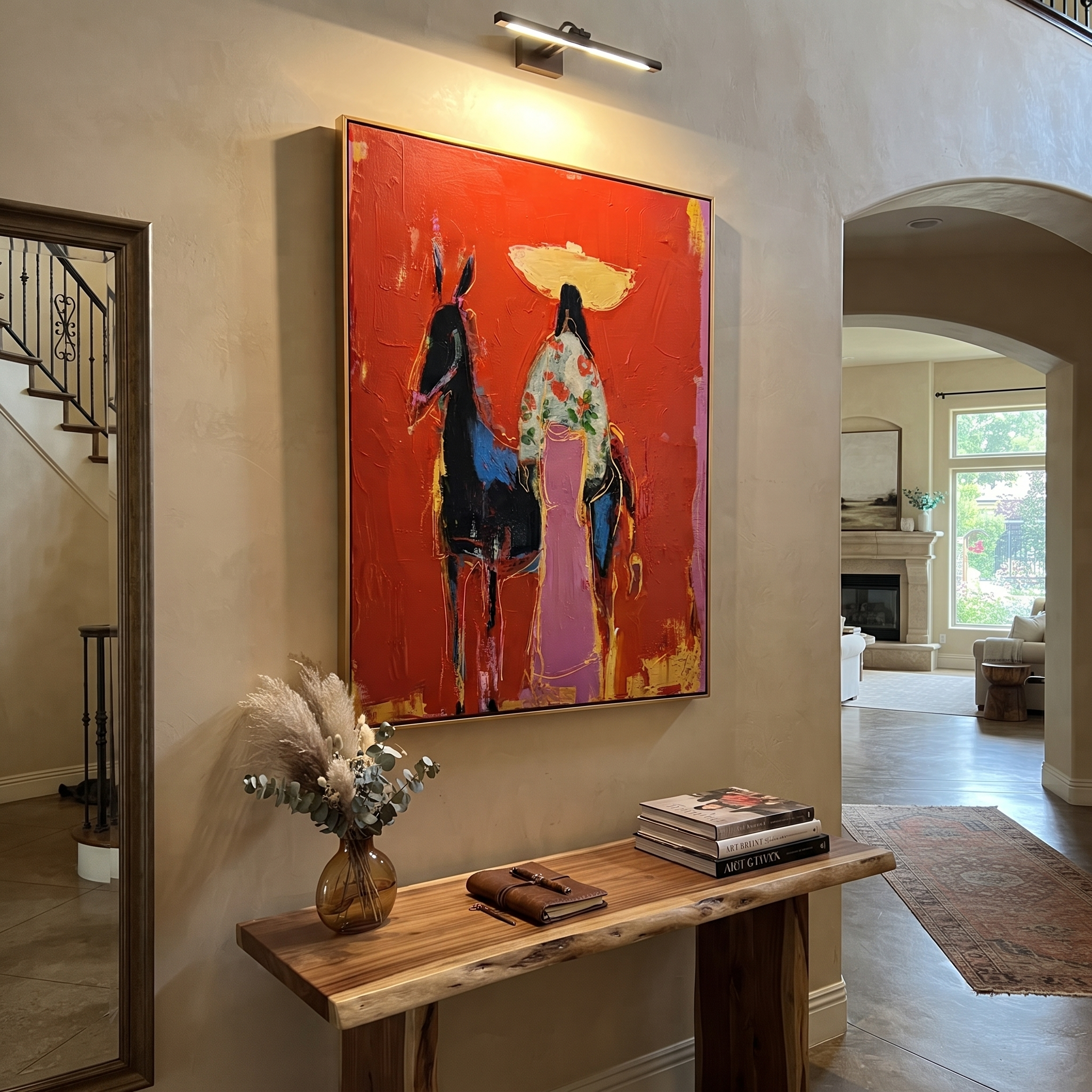Floral Coat Meets Shadow - cowgirl and dark horse painting by Ethan Mercer, contemporary Western vertical wall art – styled room scene view 6