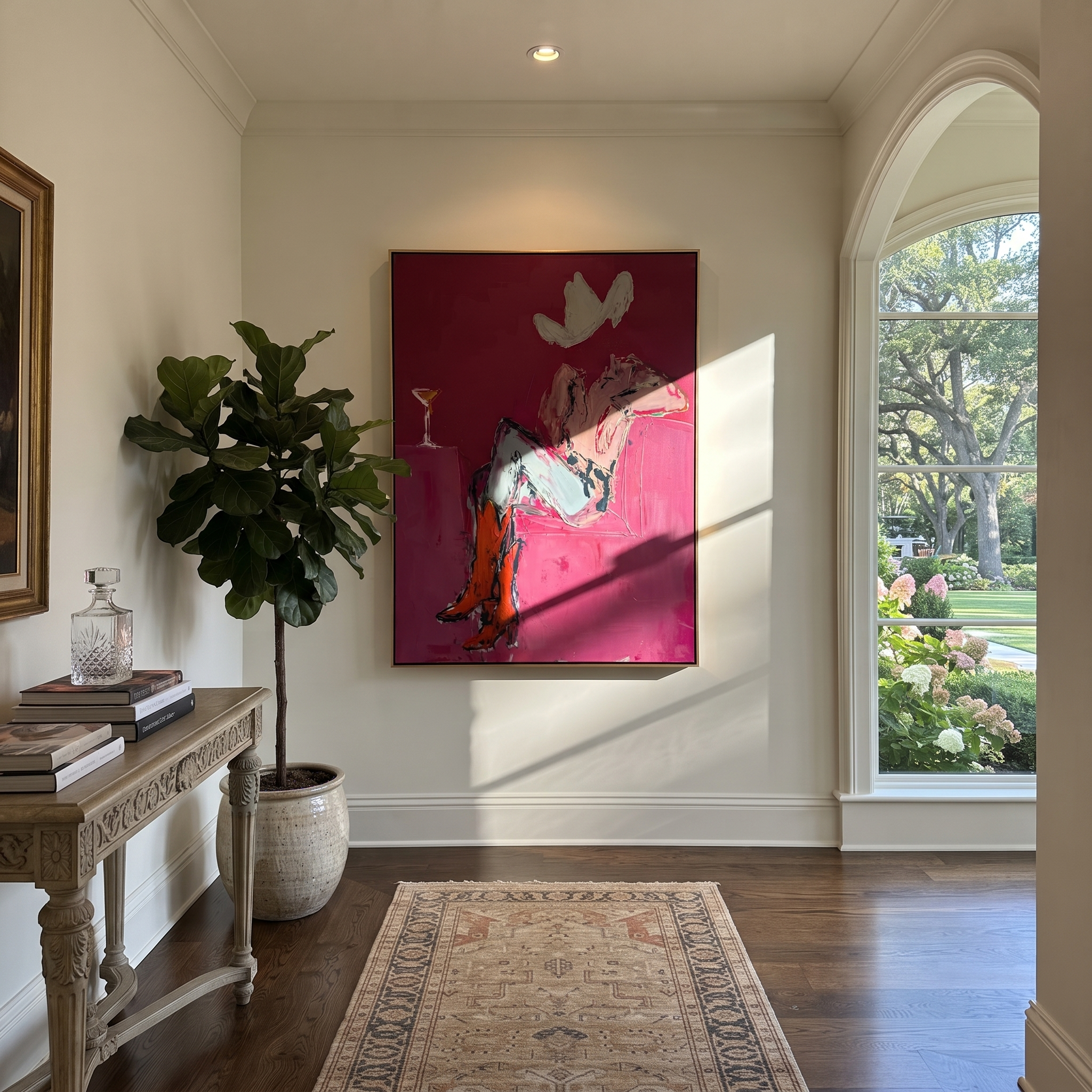 Gray Saddle Holds Evening - cowgirl horse interior painting by Ethan Mercer, contemporary Western vertical wall art – styled room scene view 1