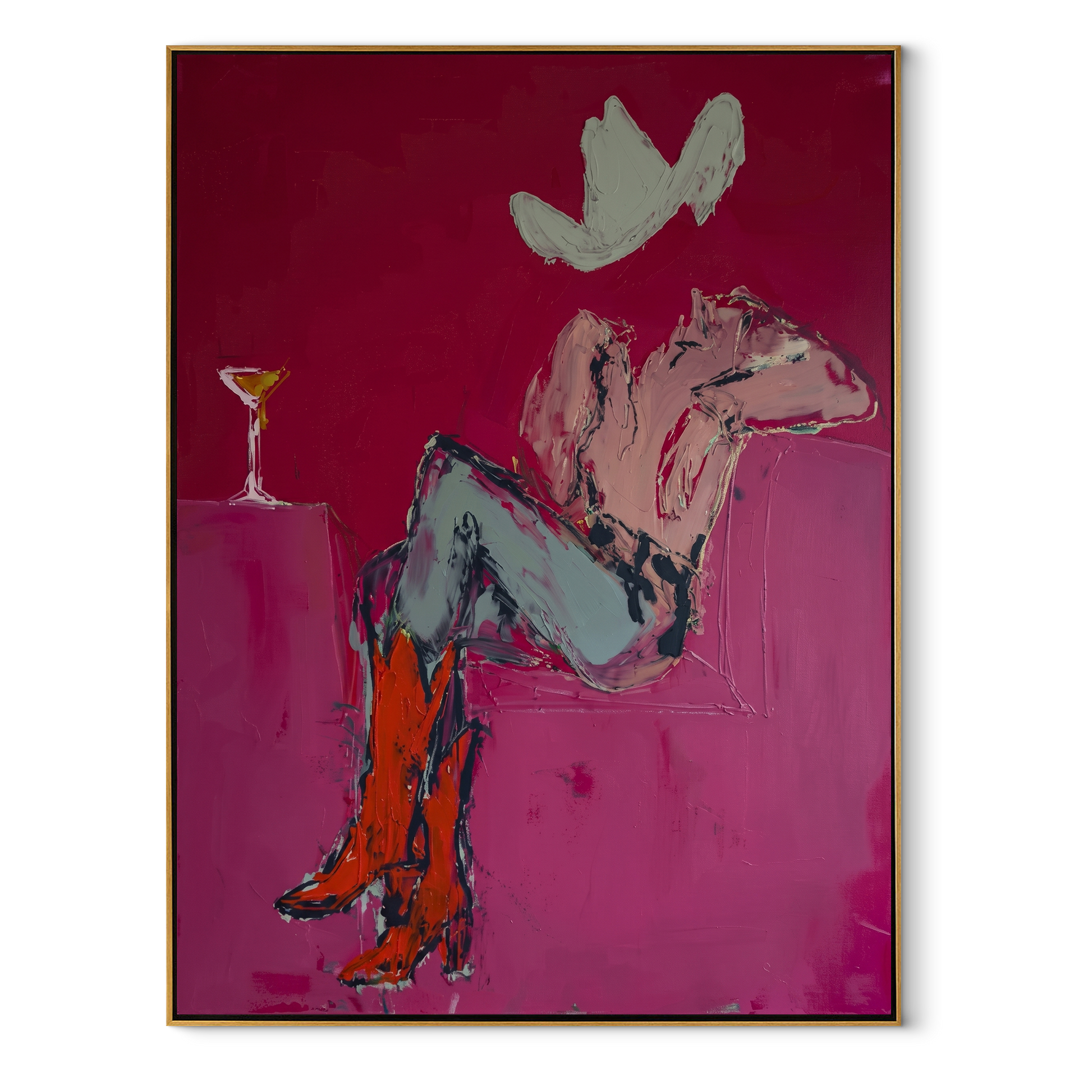 Gray Saddle Holds Evening - cowgirl horse interior painting by Ethan Mercer, contemporary Western vertical wall art – wood frame on white background