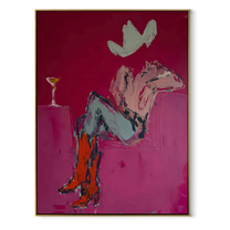 Gray Saddle Holds Evening - cowgirl horse interior painting by Ethan Mercer, contemporary Western vertical wall art – wood frame on white background