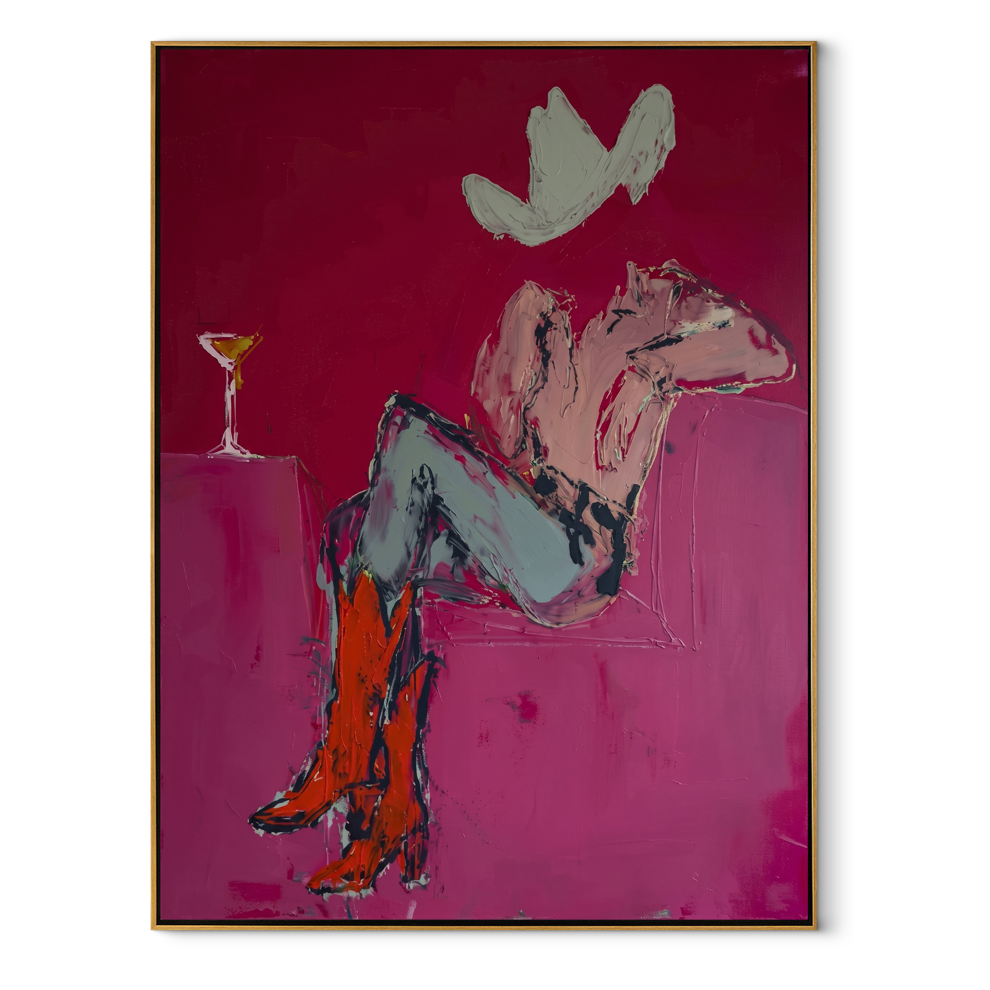 Gray Saddle Holds Evening - cowgirl horse interior painting by Ethan Mercer, contemporary Western vertical wall art – wood frame on white background