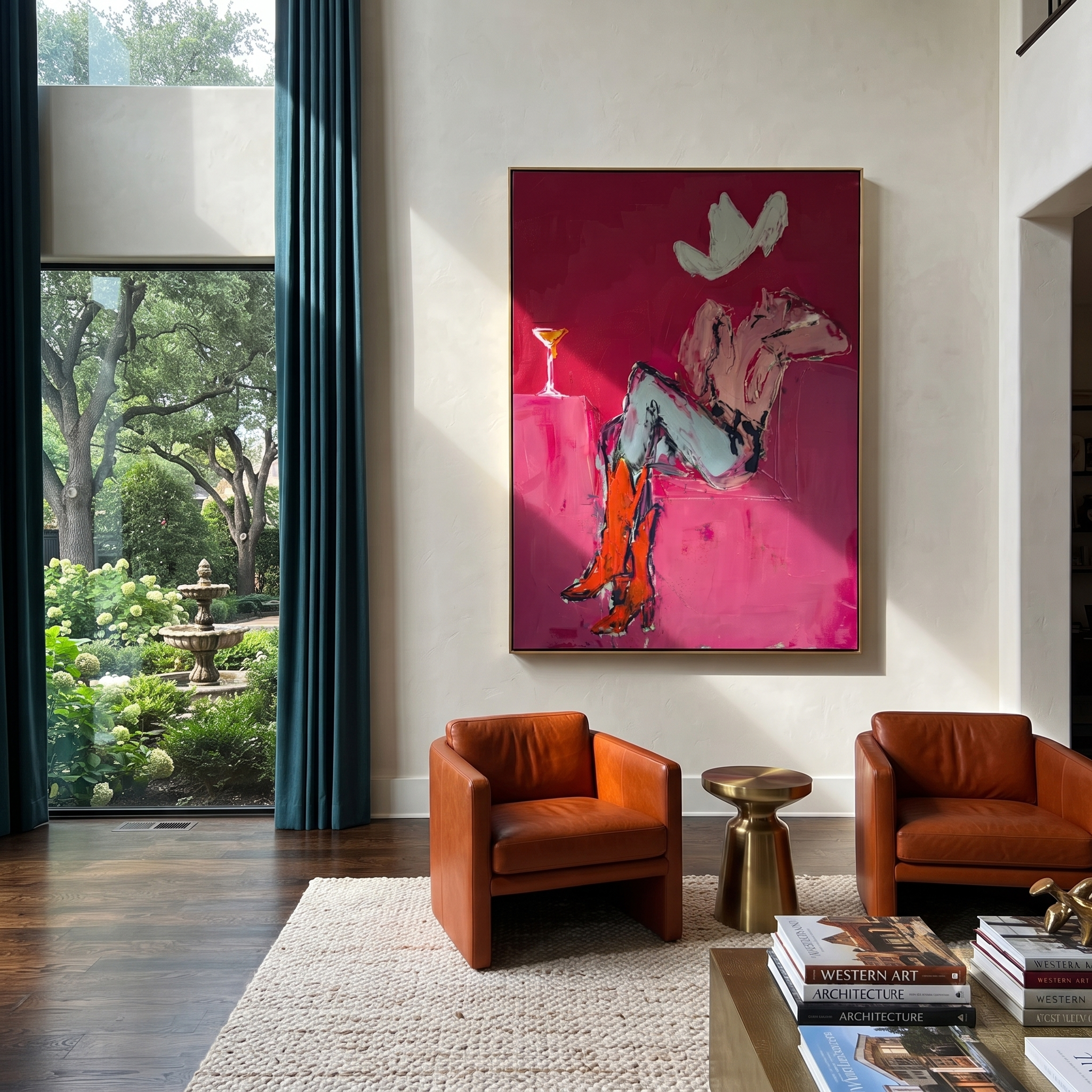 Gray Saddle Holds Evening - cowgirl horse interior painting by Ethan Mercer, contemporary Western vertical wall art – styled room scene view 2