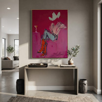 Gray Saddle Holds Evening - cowgirl horse interior painting by Ethan Mercer, contemporary Western vertical wall art – styled room scene view 3