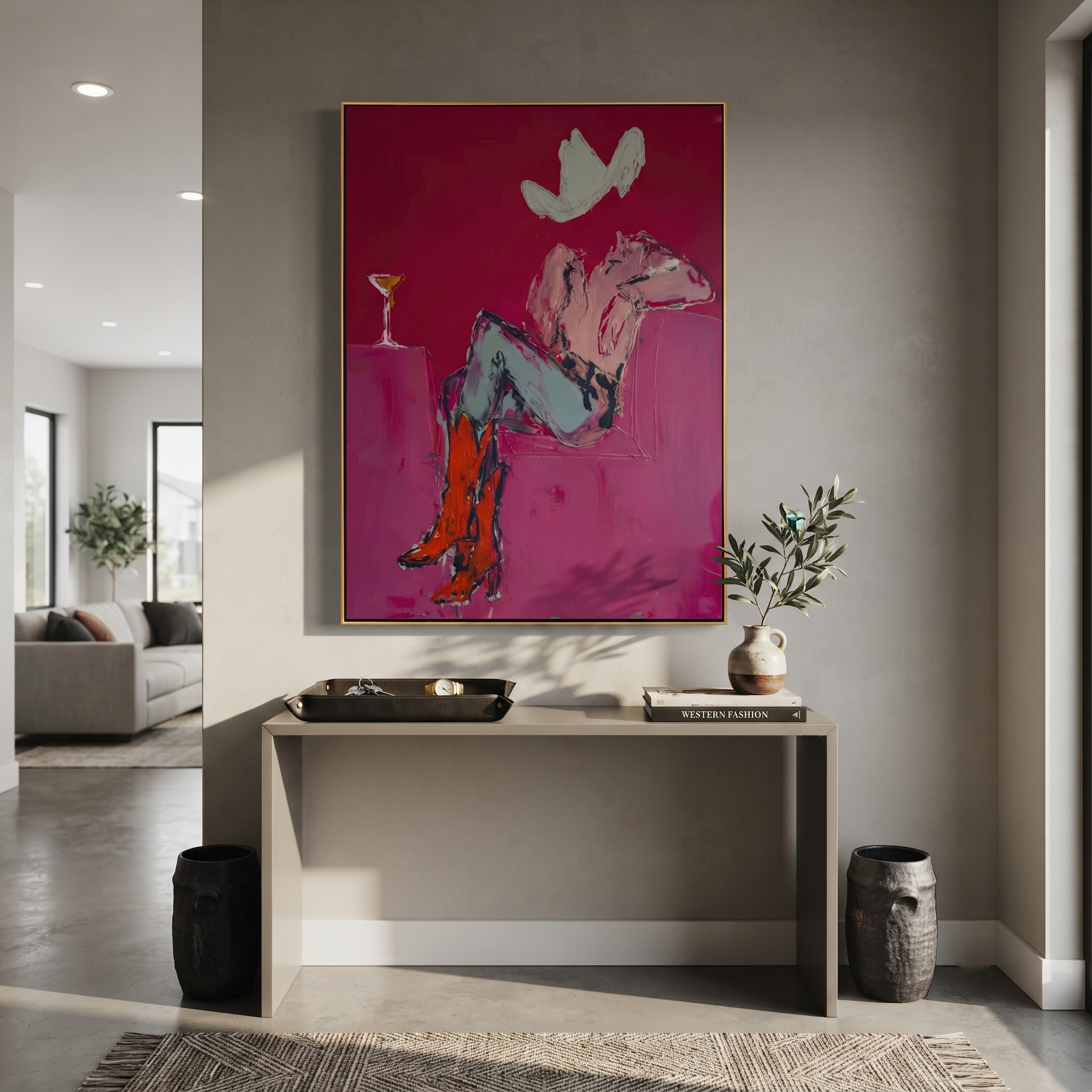 Gray Saddle Holds Evening - cowgirl horse interior painting by Ethan Mercer, contemporary Western vertical wall art – styled room scene view 3