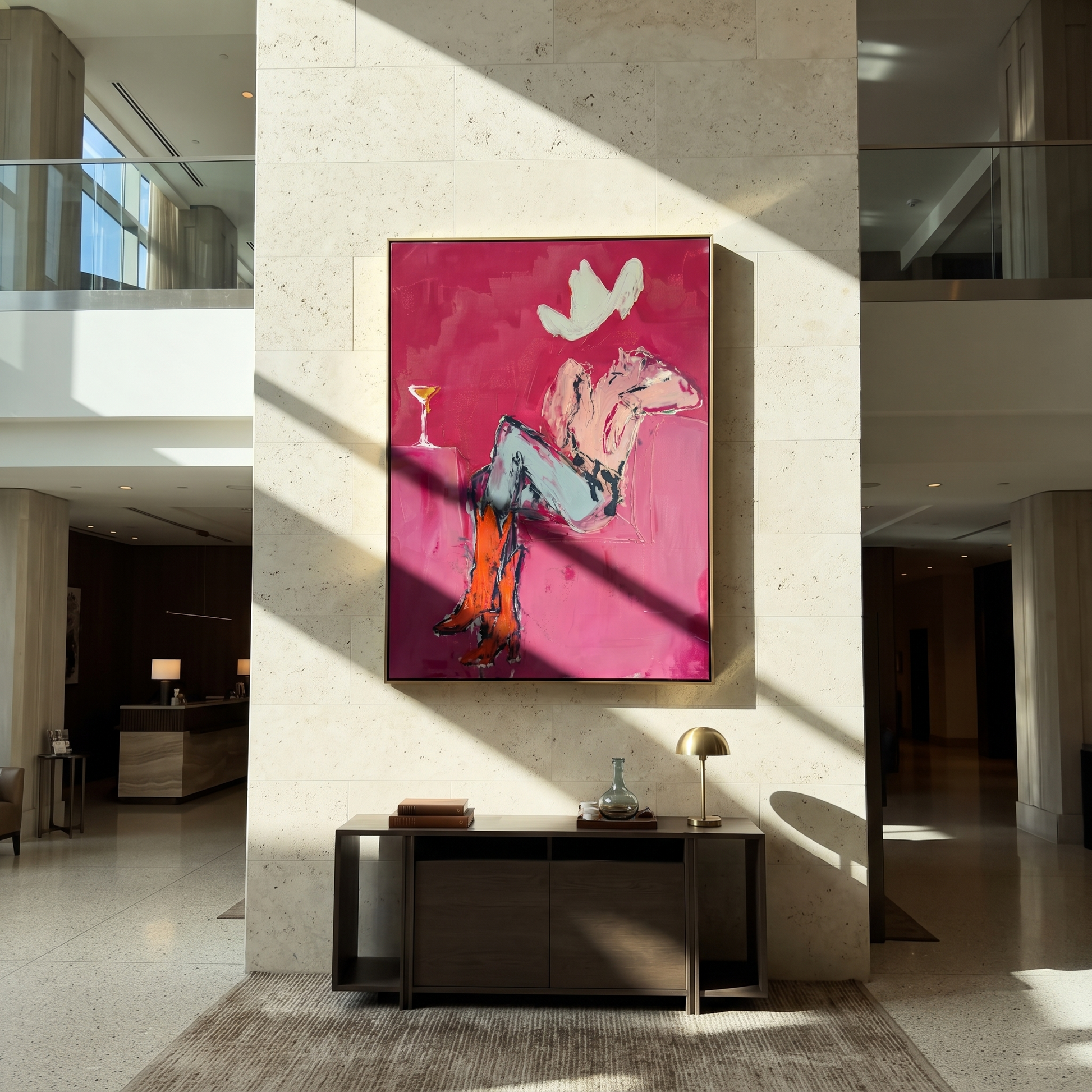 Gray Saddle Holds Evening - cowgirl horse interior painting by Ethan Mercer, contemporary Western vertical wall art – styled room scene view 4