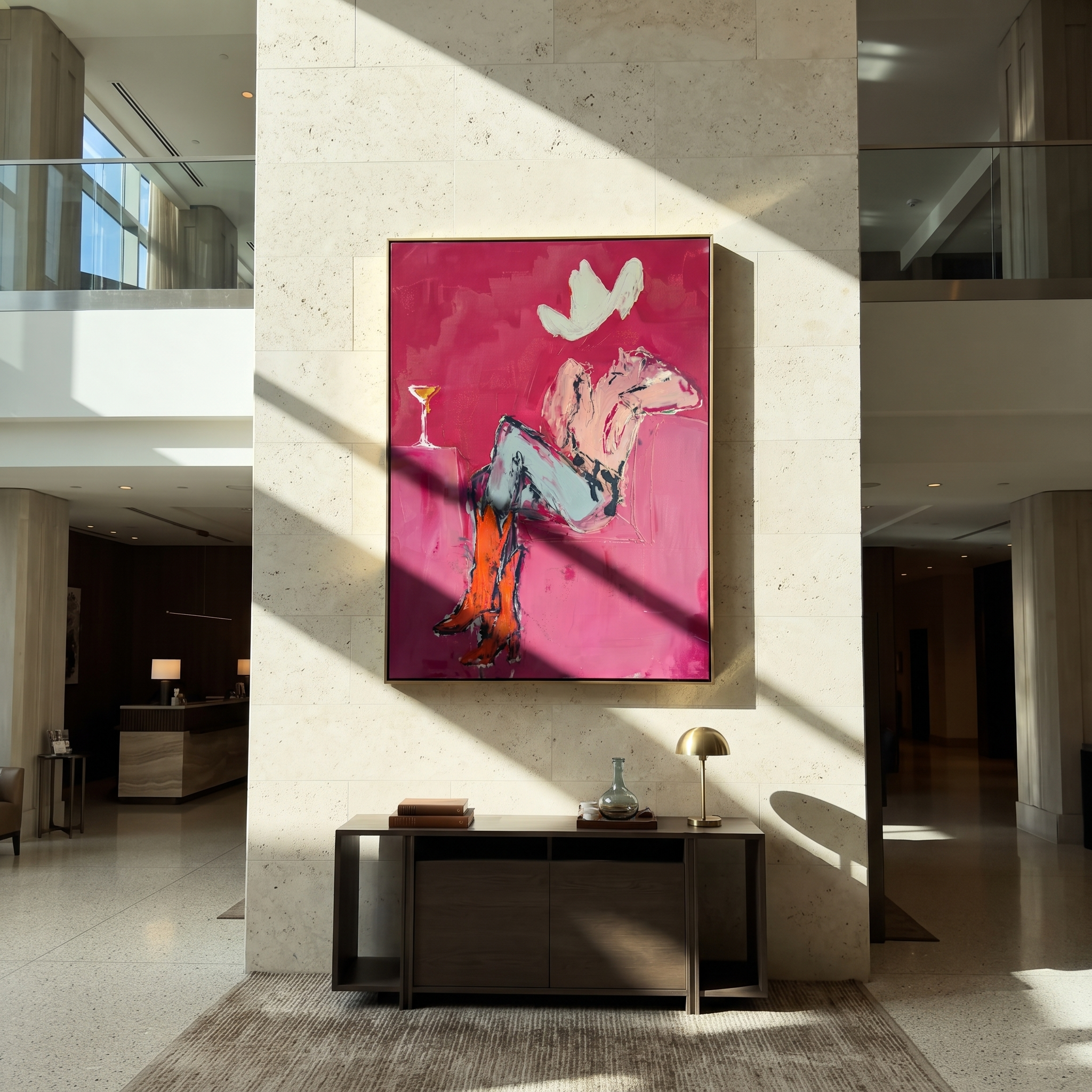 Gray Saddle Holds Evening - cowgirl horse interior painting by Ethan Mercer, contemporary Western vertical wall art – styled room scene view 4