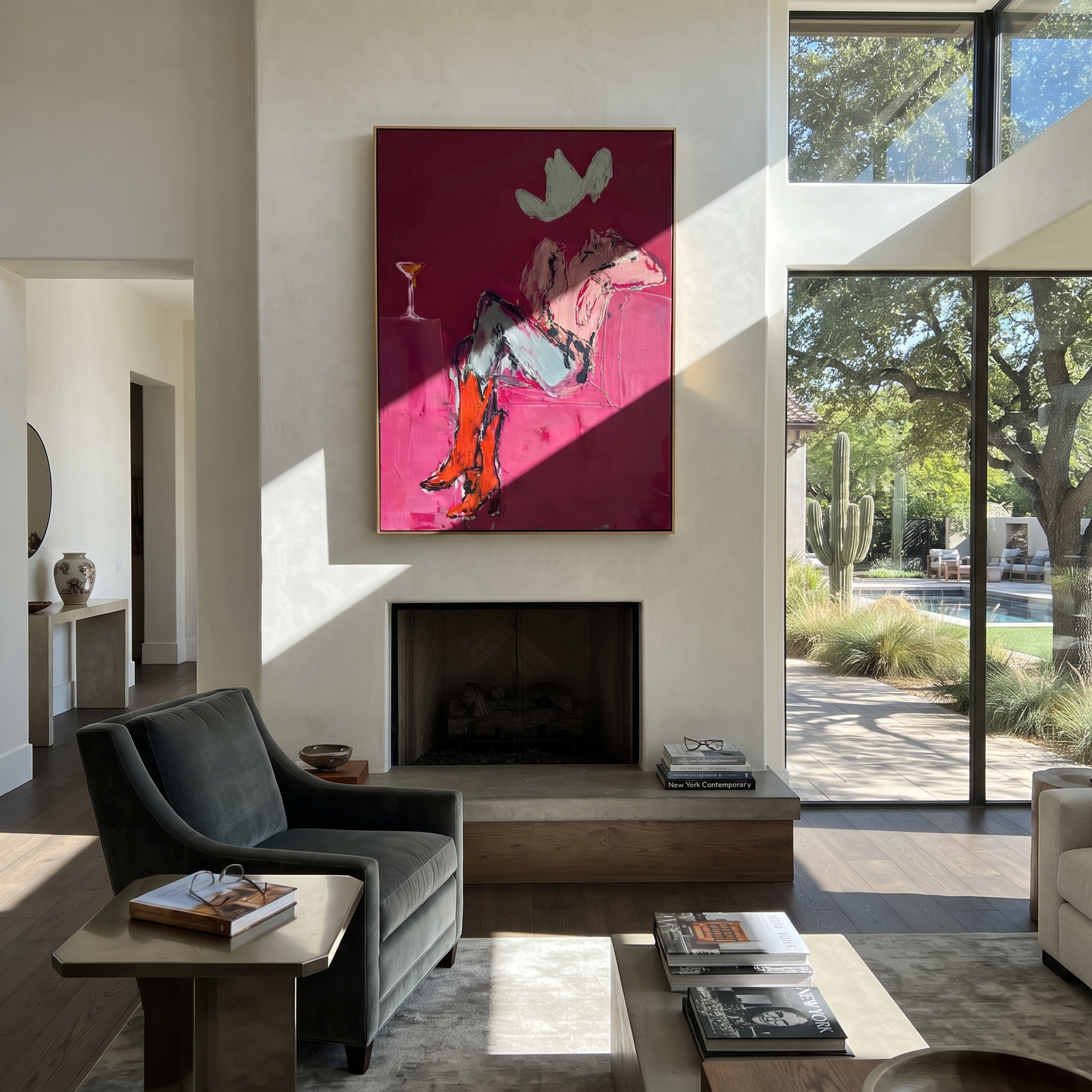 Gray Saddle Holds Evening - cowgirl horse interior painting by Ethan Mercer, contemporary Western vertical wall art – styled room scene view 5