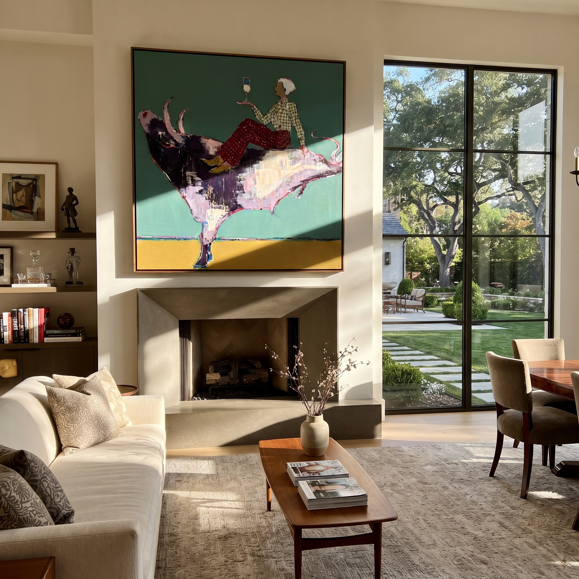 Teal Bull Lifts Toast - cowgirl on leaping bull painting by Ethan Mercer, contemporary Western square wall art – styled room scene view 1