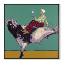 Teal Bull Lifts Toast - cowgirl on leaping bull painting by Ethan Mercer, contemporary Western square wall art – wood frame on white background