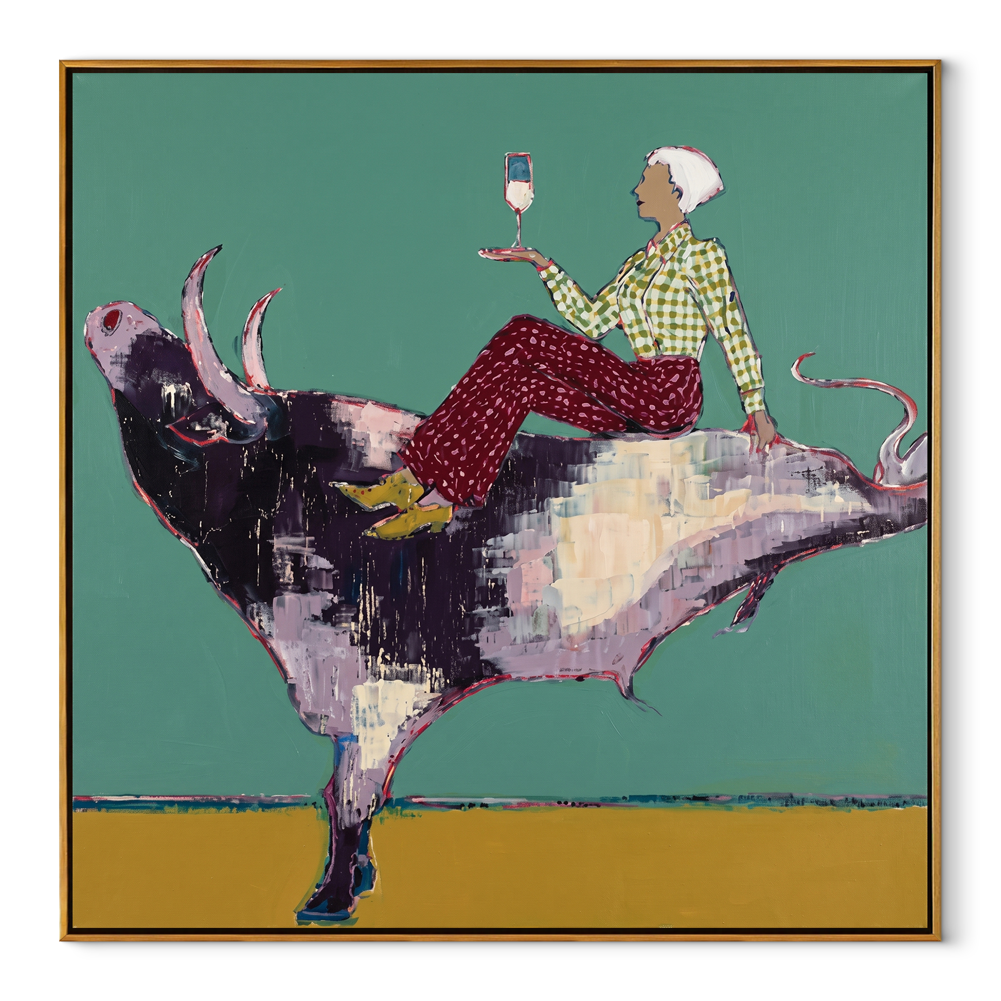 Teal Bull Lifts Toast - cowgirl on leaping bull painting by Ethan Mercer, contemporary Western square wall art – wood frame on white background