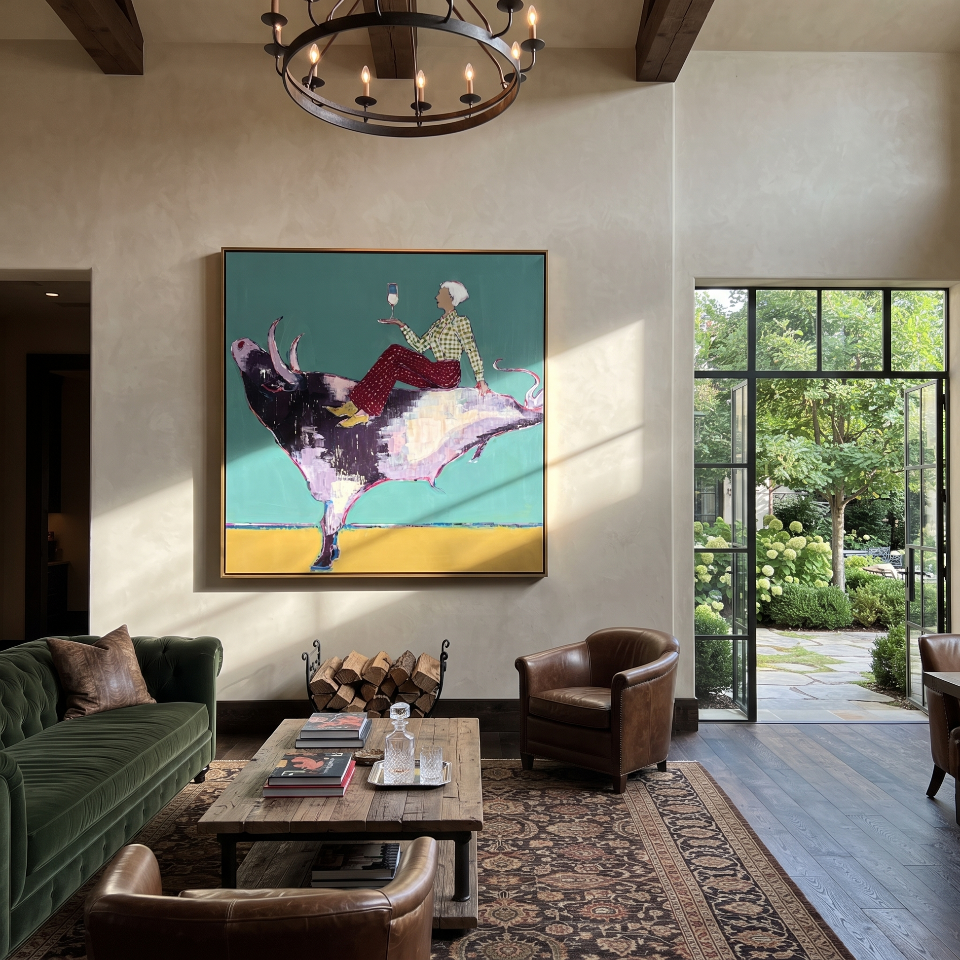 Teal Bull Lifts Toast - cowgirl on leaping bull painting by Ethan Mercer, contemporary Western square wall art – styled room scene view 2