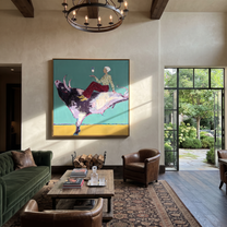 Teal Bull Lifts Toast - cowgirl on leaping bull painting by Ethan Mercer, contemporary Western square wall art – styled room scene view 2