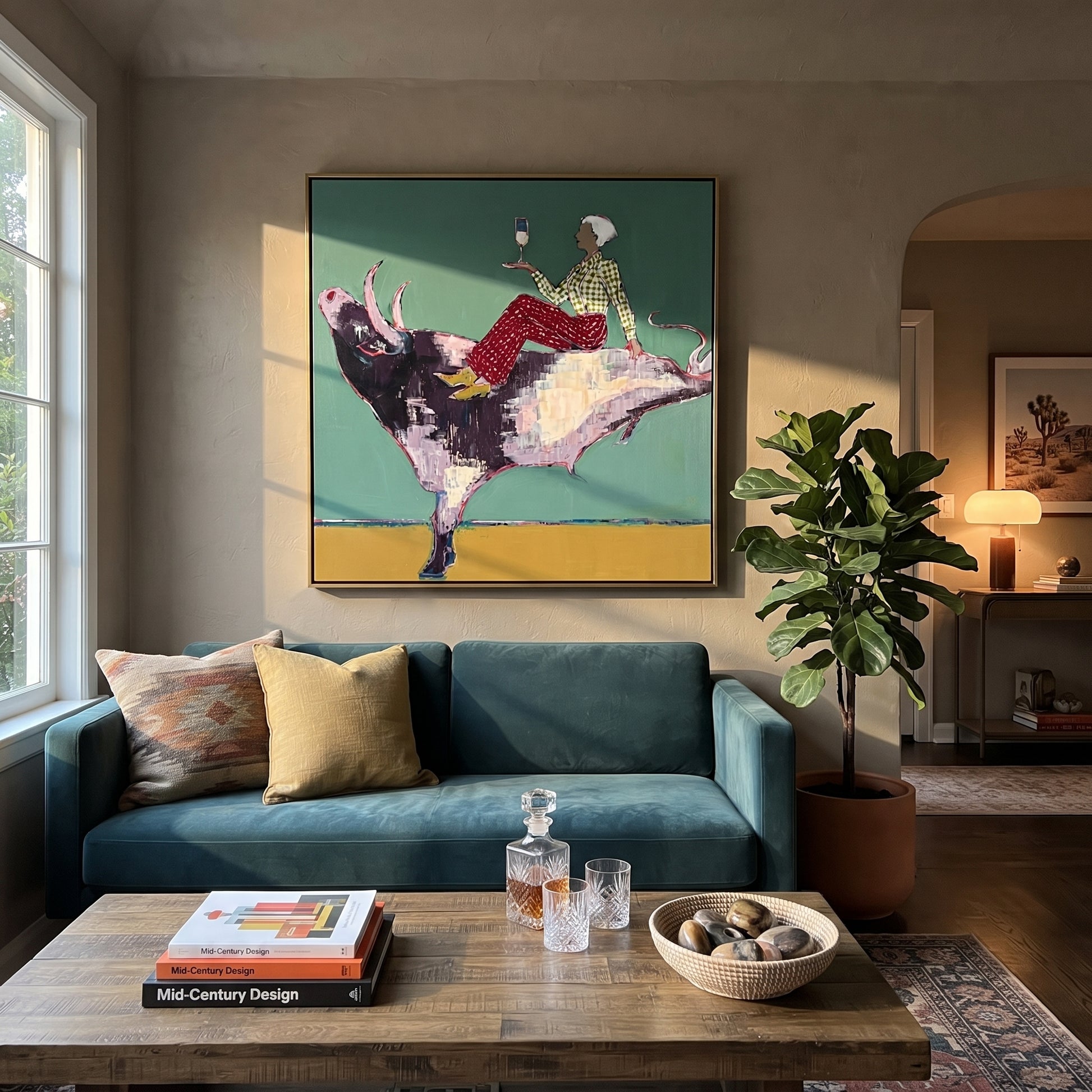 Teal Bull Lifts Toast - cowgirl on leaping bull painting by Ethan Mercer, contemporary Western square wall art – styled room scene view 3