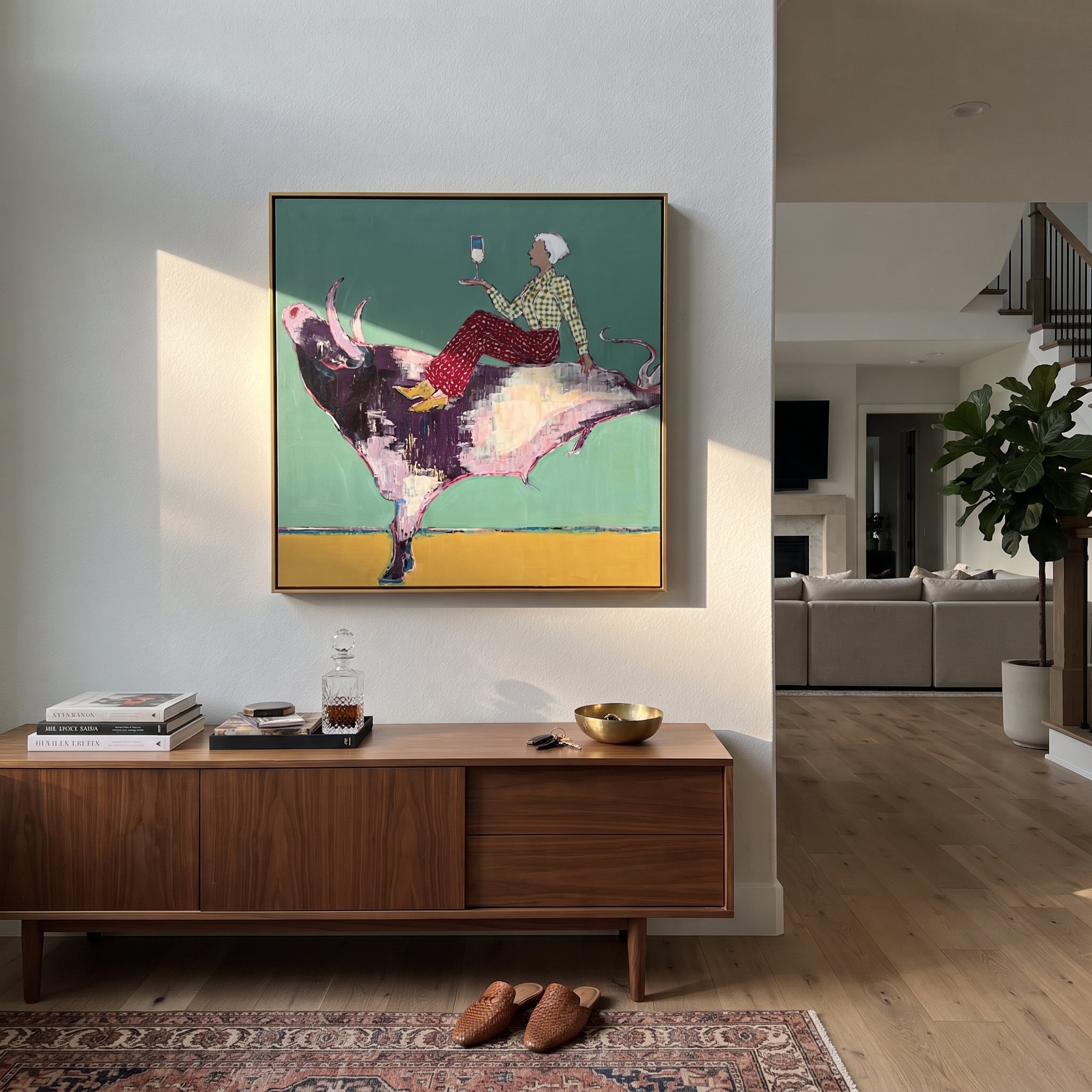 Teal Bull Lifts Toast - cowgirl on leaping bull painting by Ethan Mercer, contemporary Western square wall art – styled room scene view 4