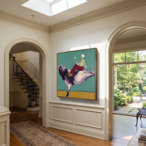 Teal Bull Lifts Toast - cowgirl on leaping bull painting by Ethan Mercer, contemporary Western square wall art – styled room scene view 5