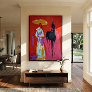 Black Horse Follows Flowers - floral woman horse painting by Ethan Mercer, contemporary Western vertical wall art – styled room scene view 1