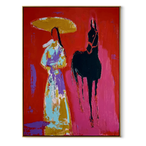 Black Horse Follows Flowers - floral woman horse painting by Ethan Mercer, contemporary Western vertical wall art – wood frame on white background