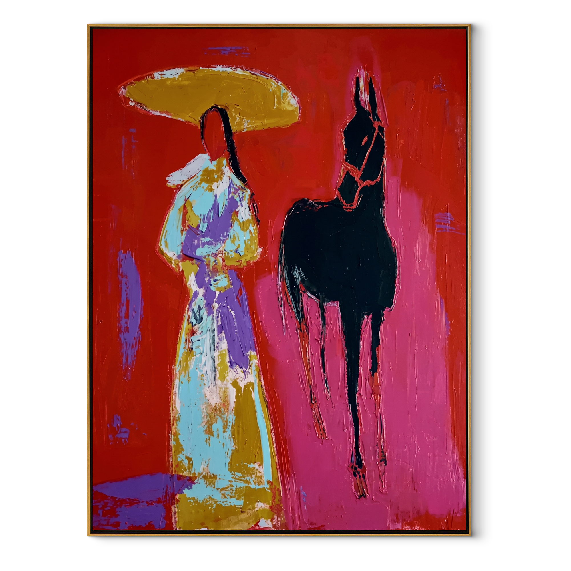 Black Horse Follows Flowers - floral woman horse painting by Ethan Mercer, contemporary Western vertical wall art – wood frame on white background