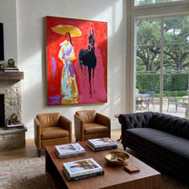 Black Horse Follows Flowers - floral woman horse painting by Ethan Mercer, contemporary Western vertical wall art – styled room scene view 2