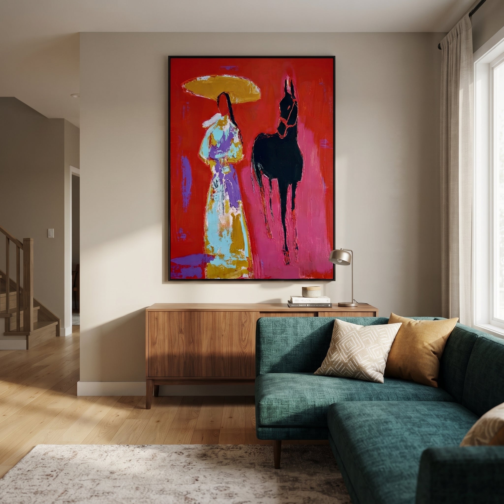 Black Horse Follows Flowers - floral woman horse painting by Ethan Mercer, contemporary Western vertical wall art – styled room scene view 3