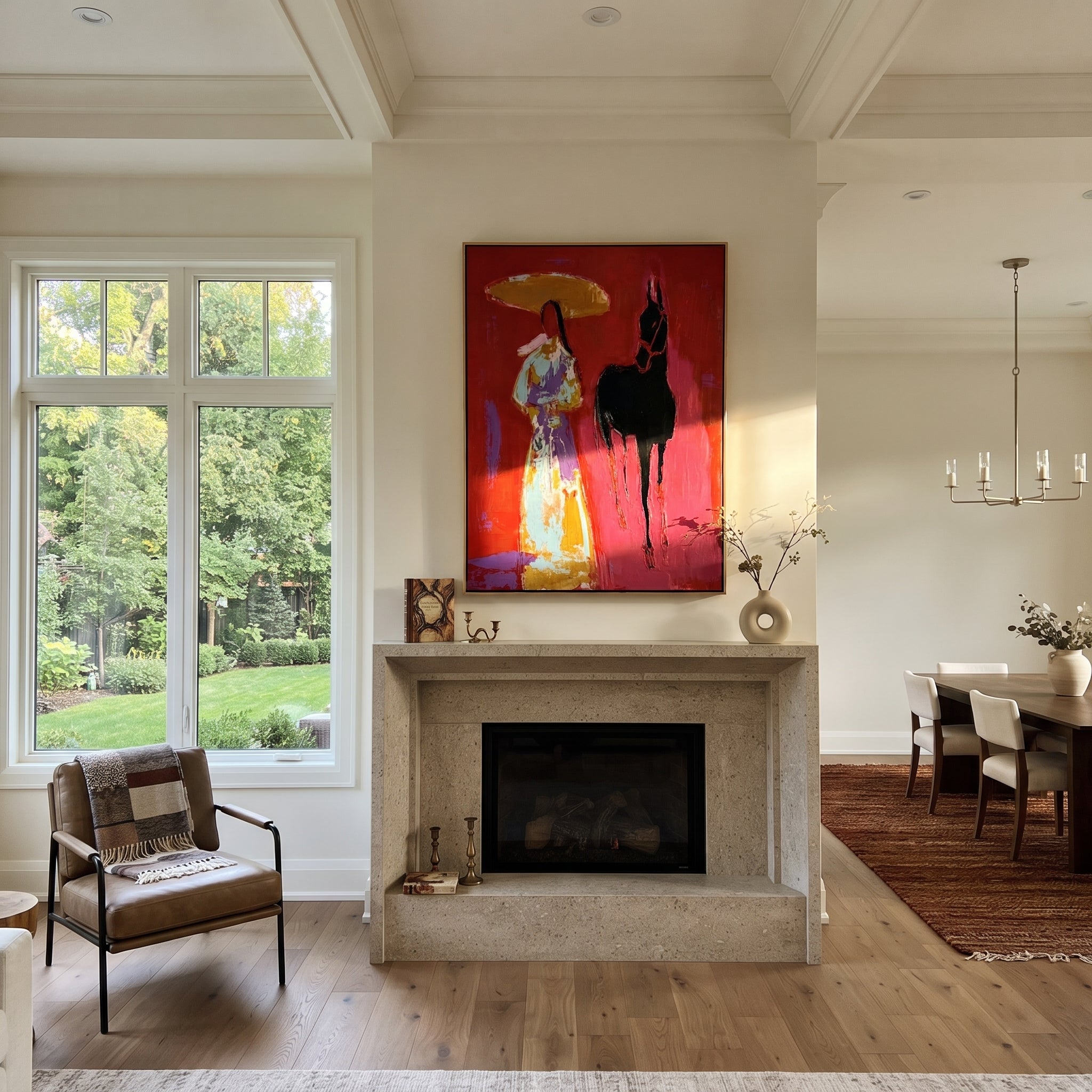 Black Horse Follows Flowers - floral woman horse painting by Ethan Mercer, contemporary Western vertical wall art – styled room scene view 4