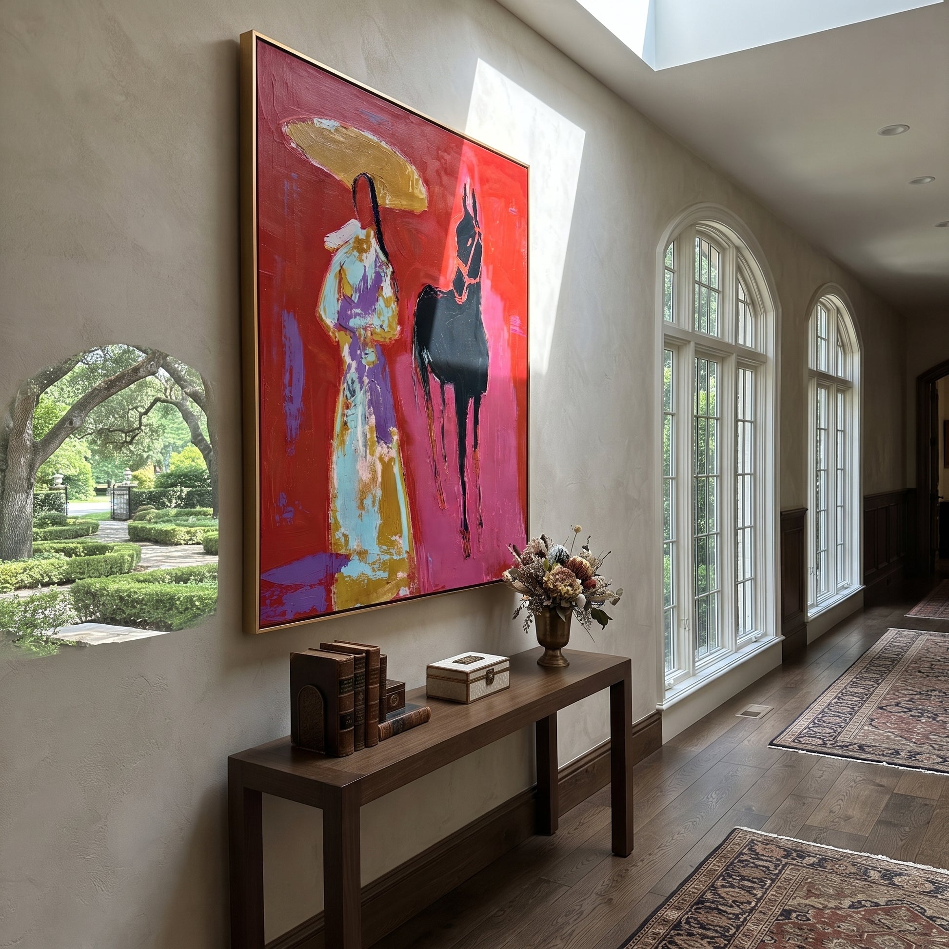 Black Horse Follows Flowers - floral woman horse painting by Ethan Mercer, contemporary Western vertical wall art – styled room scene view 5