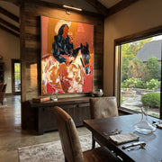 Blue Rider Meets Herd - cowboy horse and cattle painting by Ethan Mercer, contemporary Western vertical wall art – styled room scene view 1