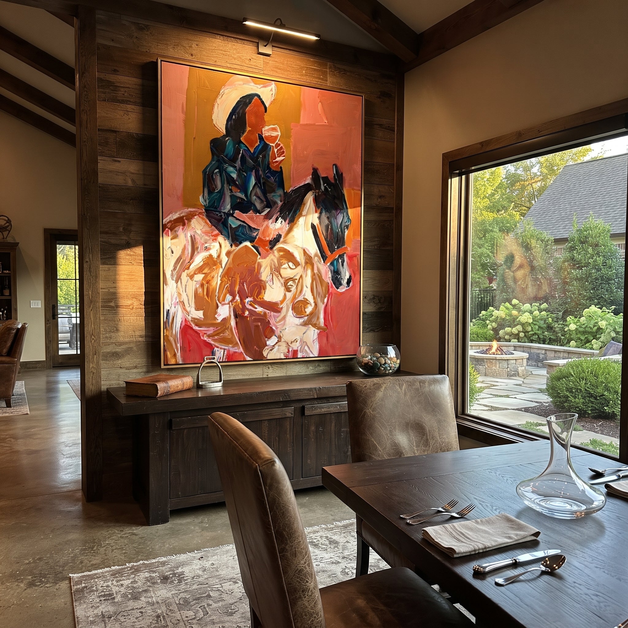 Blue Rider Meets Herd - cowboy horse and cattle painting by Ethan Mercer, contemporary Western vertical wall art – styled room scene view 1