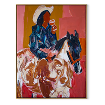 Blue Rider Meets Herd - cowboy horse and cattle painting by Ethan Mercer, contemporary Western vertical wall art – wood frame on white background