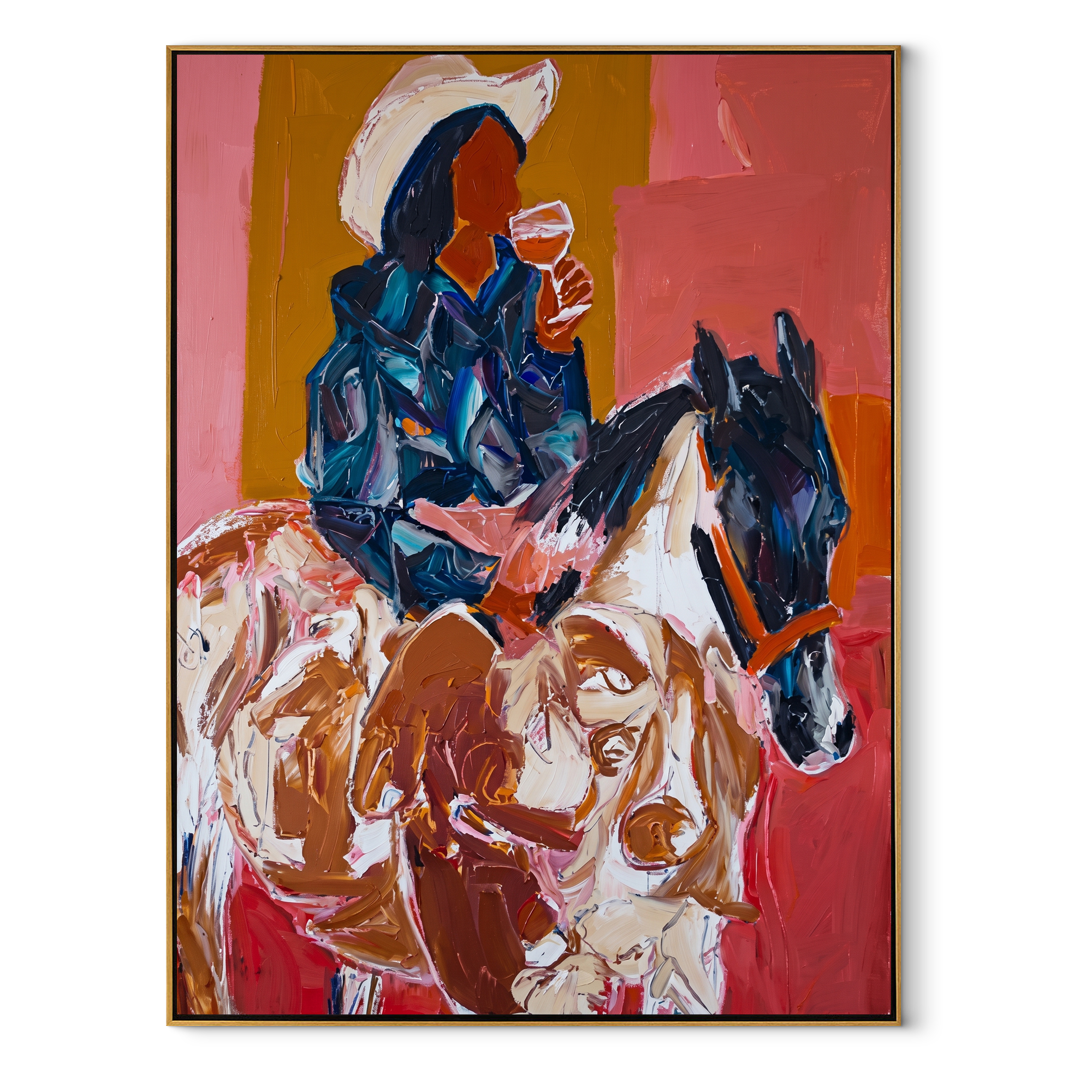 Blue Rider Meets Herd - cowboy horse and cattle painting by Ethan Mercer, contemporary Western vertical wall art – wood frame on white background