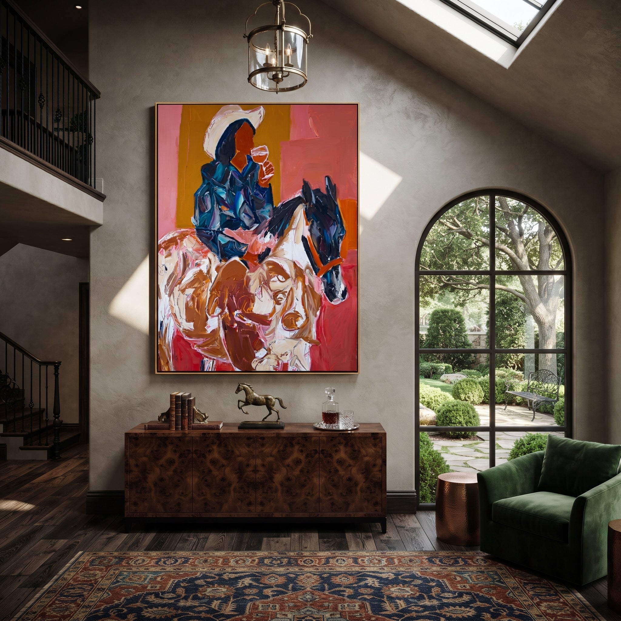 Blue Rider Meets Herd - cowboy horse and cattle painting by Ethan Mercer, contemporary Western vertical wall art – styled room scene view 2