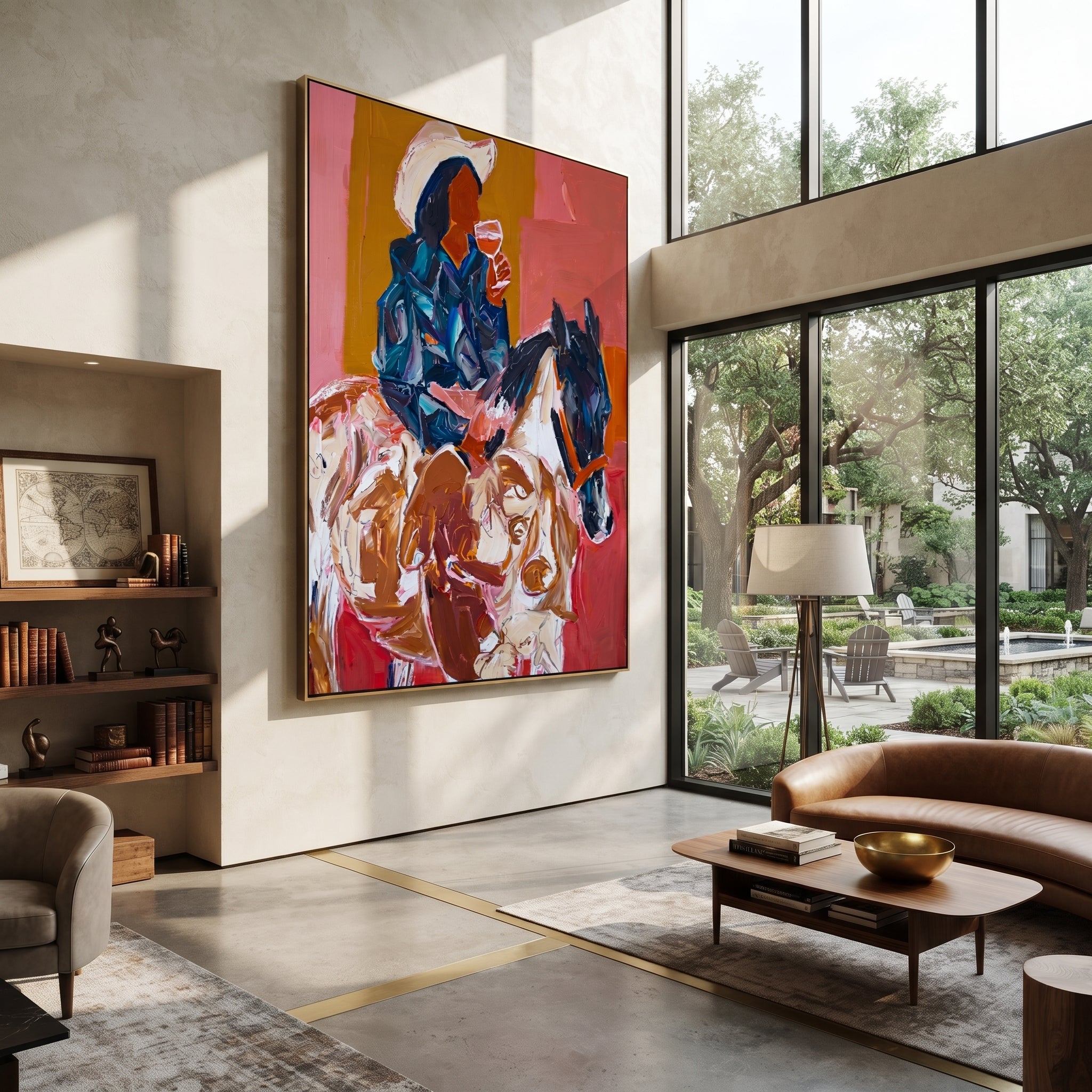 Blue Rider Meets Herd - cowboy horse and cattle painting by Ethan Mercer, contemporary Western vertical wall art – styled room scene view 3