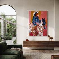 Blue Rider Meets Herd - cowboy horse and cattle painting by Ethan Mercer, contemporary Western vertical wall art – styled room scene view 4