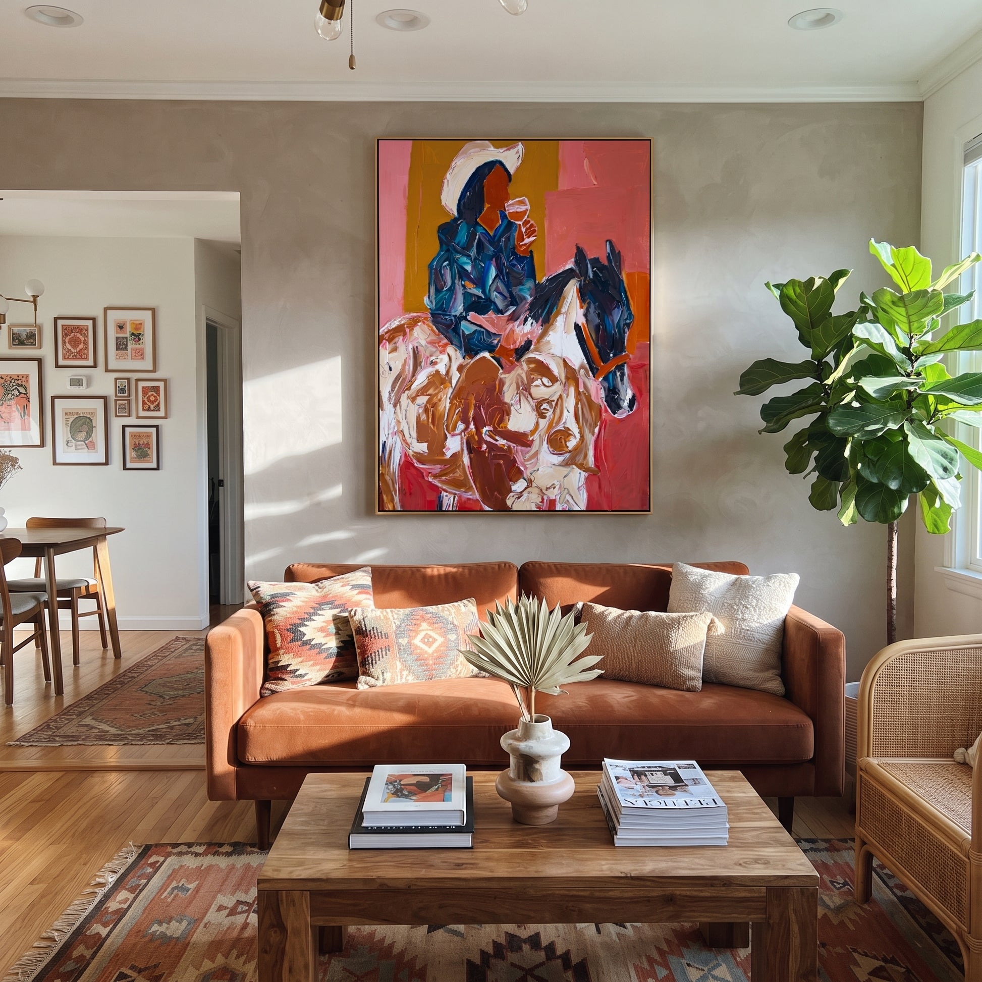 Blue Rider Meets Herd - cowboy horse and cattle painting by Ethan Mercer, contemporary Western vertical wall art – styled room scene view 5