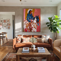 Blue Rider Meets Herd - cowboy horse and cattle painting by Ethan Mercer, contemporary Western vertical wall art – styled room scene view 5