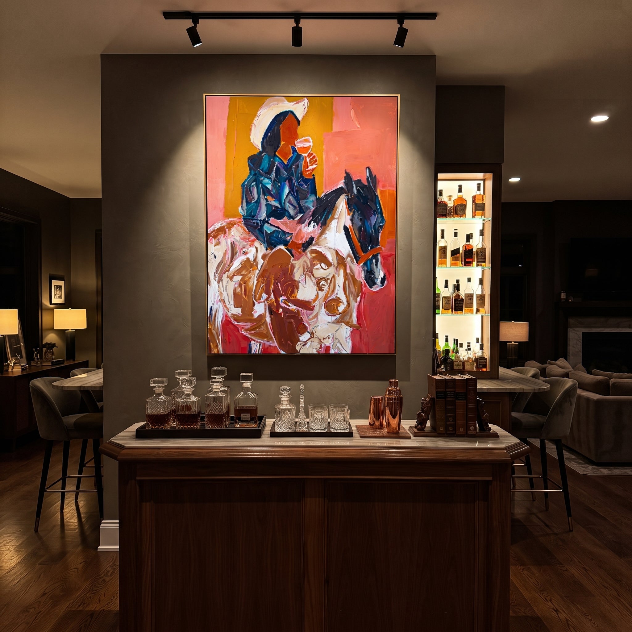 Blue Rider Meets Herd - cowboy horse and cattle painting by Ethan Mercer, contemporary Western vertical wall art – styled room scene view 6