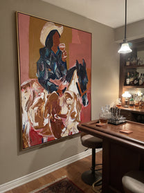 Blue Rider Meets Herd - cowboy horse and cattle painting by Ethan Mercer, contemporary Western vertical wall art – styled room scene view 7