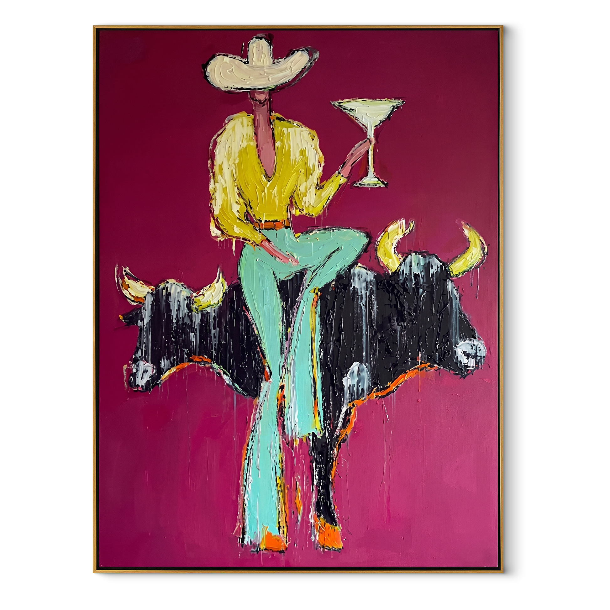Two Horns Hold Balance - cowboy between bulls painting by Ethan Mercer, contemporary Western vertical wall art – wood frame on white background